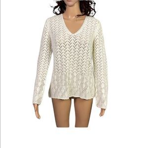 NEW Indigo Palms Denim Company White Pointelle Boho Knit V-Neck Sweater M